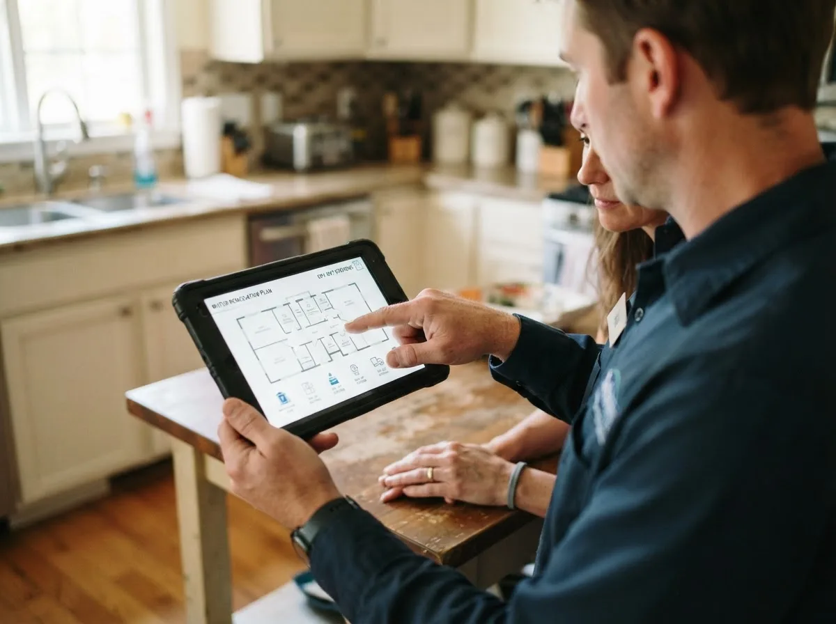 Water damage restoration technician inspecting a home in Wyandotte, MI